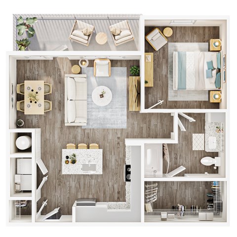 A top-down view of a modern, minimalist apartment layout. at Allegra at Cocoa in Cocoa, FL, 32926